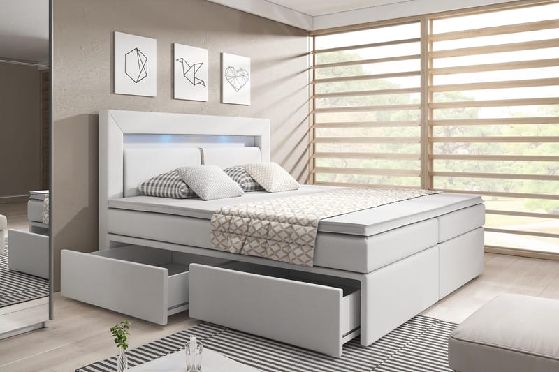 Modena Sengepakke 180x200 med Opbevaring LED-belysning - Hvid - Møbler - Senge - Komplet sengepakke