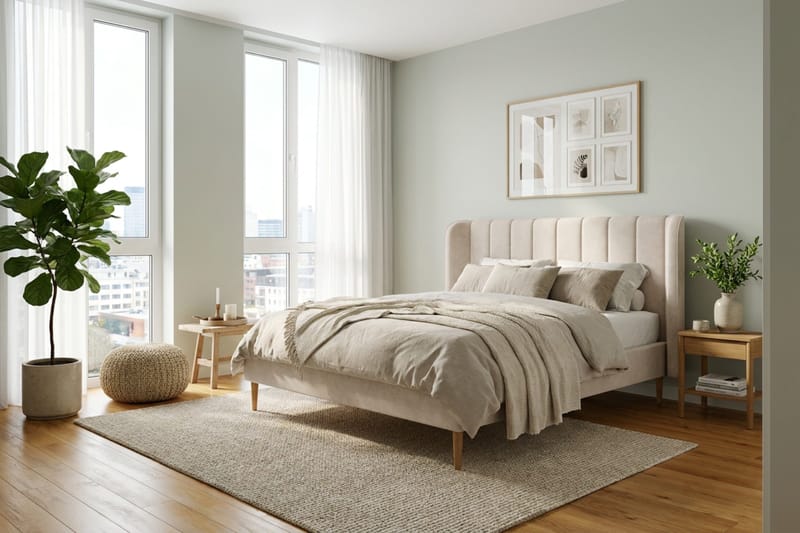 Nattljus sengeramme 160x200 cm eg med HVILA pocketfjedermadras og topmadras i polyetherskum med vaskbart betræk - Beige - Møbler - Senge - Sengeramme & sengestel