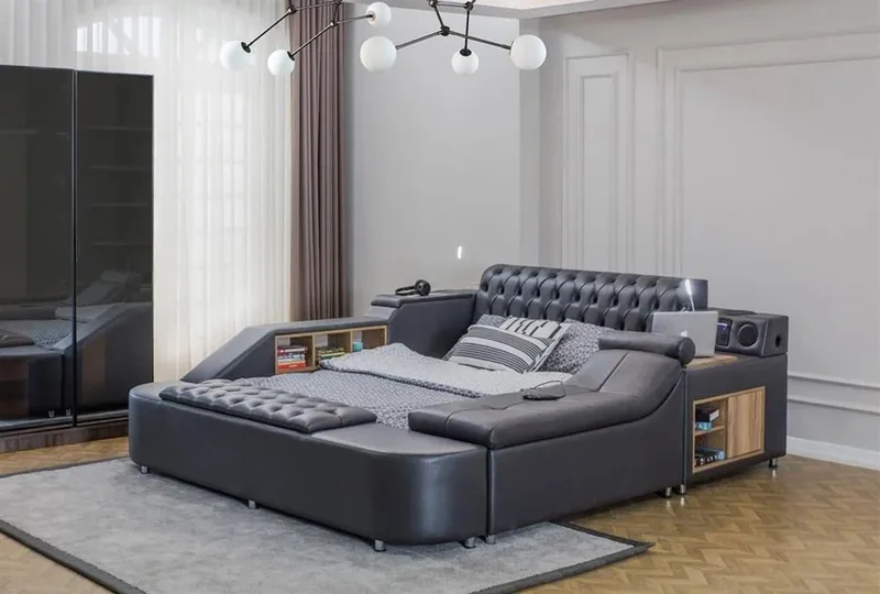 Olyvan sengesæt med bænk og opbevaring 250x290 cm kunstlæder - Sort - Møbler - Senge - Sengeramme & sengestel