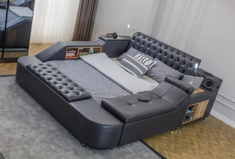 Olyvan sengesæt med bænk og opbevaring 250x290 cm kunstlæder - Sort - Møbler - Senge - Sengeramme & sengestel