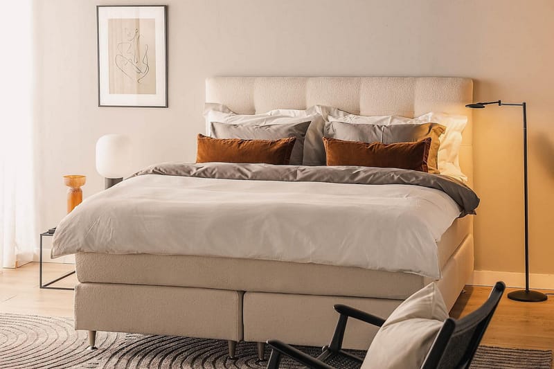 Oslo Lyx Komplet Sengepakke Boucle Knappegavl 160x200 cm - Beige - Møbler - Senge - Kontinentalsenge
