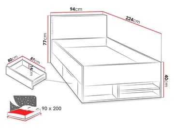 Planeta Sengeramme med Skuffer 90x200 cm i Træ med Sengegavl og Hjul - Blå|Hvid - Møbler - Senge - Sengeramme & sengestel