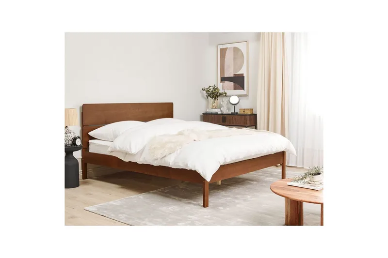 Seng med lamelbund Boisset - Brun/gummitræ, 160x200 cm - Møbler - Senge - Sengeramme & sengestel