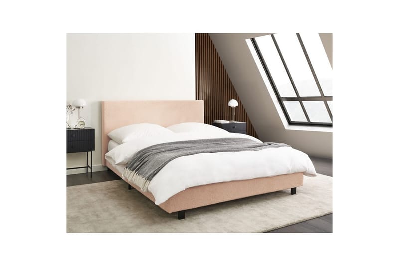 Seng med lamelramme Albi - Beige, sort/Bouclé, 140x200 cm - Møbler - Senge - Sengeramme & sengestel