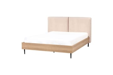 Seng med lamelramme Limanton - Beige, lyst træ, sort/Bouclé, 140x200 cm - Møbler - Senge - Sengeramme & sengestel