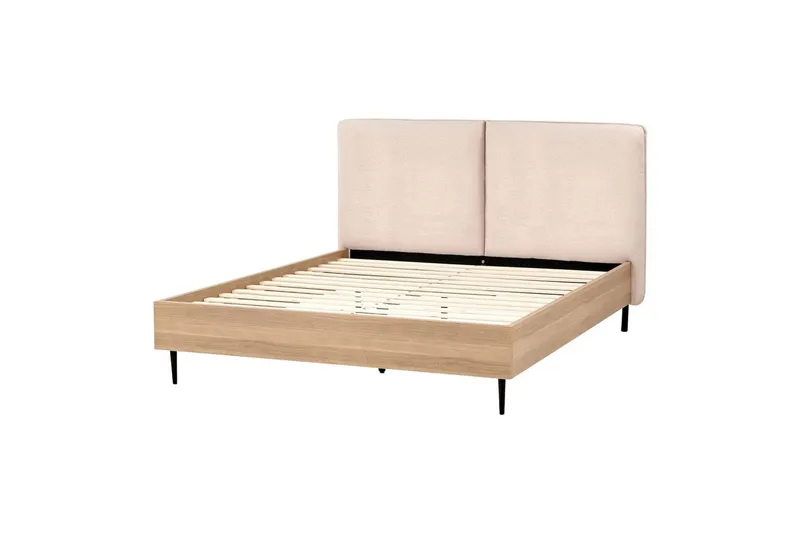 Seng med lamelramme Limanton - Beige, lyst træ, sort/Bouclé, 140x200 cm - Møbler - Senge - Sengeramme & sengestel