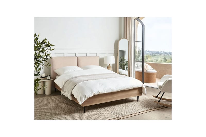 Seng med lamelramme Limanton - Beige, lyst træ, sort/Bouclé, 140x200 cm - Møbler - Senge - Sengeramme & sengestel