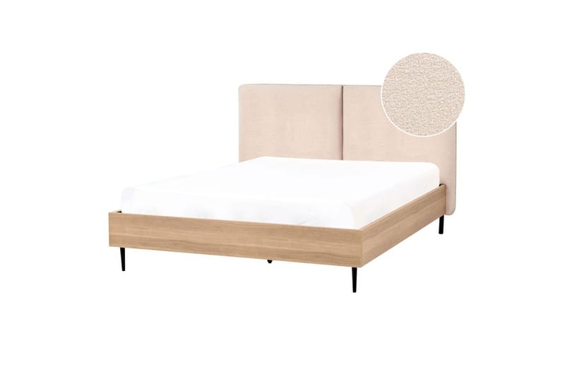 Seng med lamelramme Limanton - Beige, lyst træ, sort/Bouclé, 140x200 cm - Møbler - Senge - Sengeramme & sengestel