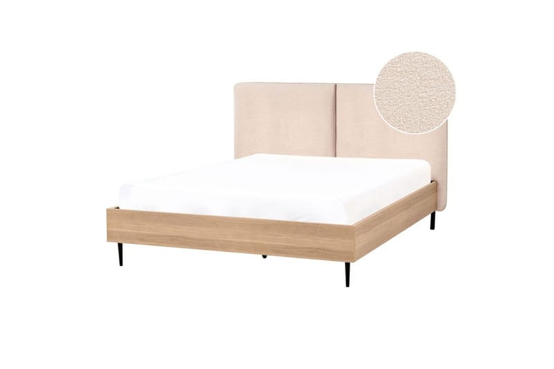 Seng med lamelramme Limanton - Beige, lyst træ, sort/Bouclé, 140x200 cm - Møbler - Senge - Sengeramme & sengestel