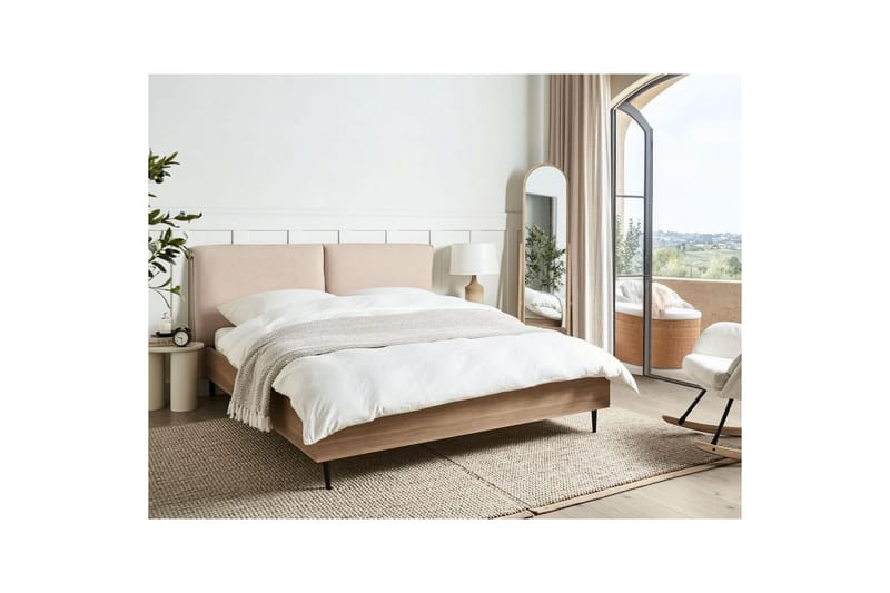 Seng med lamelramme Limanton - Beige, lyst træ, sort/Bouclé, 160x200 cm - Møbler - Senge - Sengeramme & sengestel
