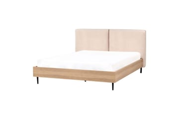 Seng med lamelramme Limanton - Beige, lyst træ, sort/Bouclé, 160x200 cm - Møbler - Senge - Sengeramme & sengestel