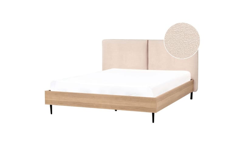 Seng med lamelramme Limanton - Beige, lyst træ, sort/Bouclé, 160x200 cm - Møbler - Senge - Sengeramme & sengestel