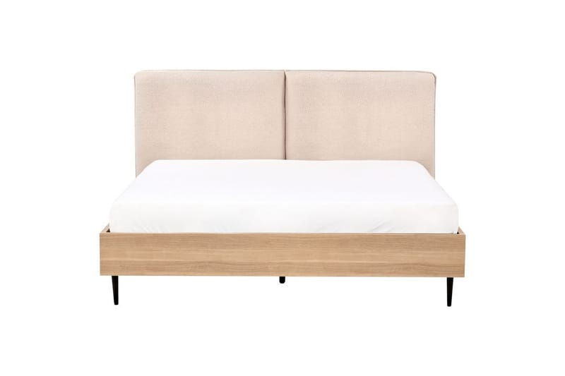 Seng med lamelramme Limanton - Beige, lyst træ, sort/Bouclé, 160x200 cm - Møbler - Senge - Sengeramme & sengestel