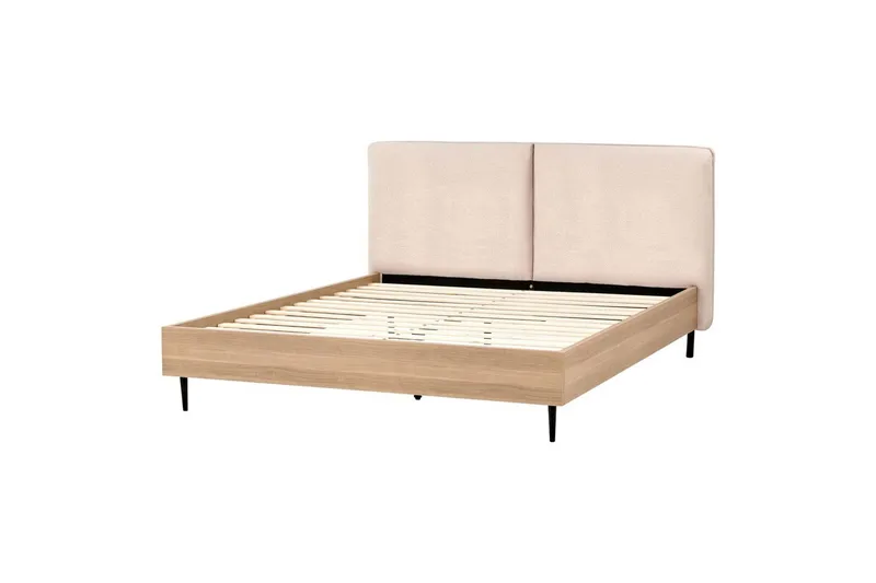 Seng med lamelramme Limanton, Beige, lyst træ, sort/Bouclé, 160x200 cm