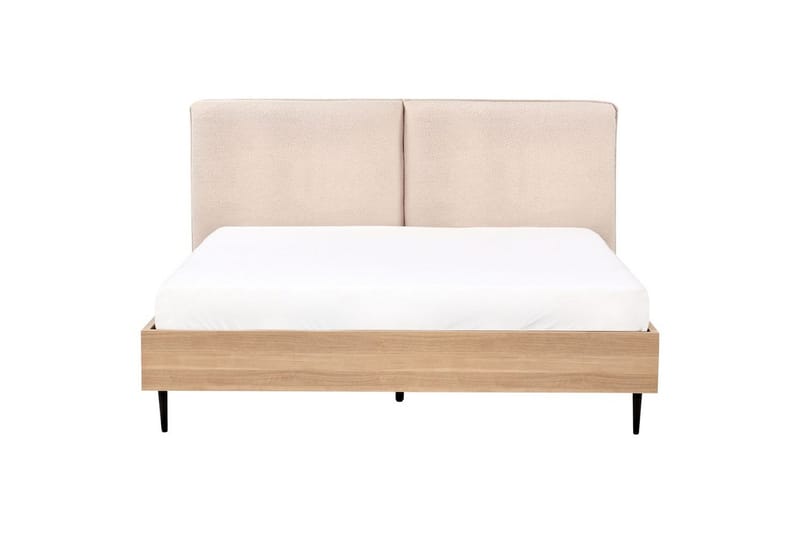Seng med lamelramme Limanton - Beige, lyst træ, sort/Bouclé, 160x200 cm - Møbler - Senge - Sengeramme & sengestel
