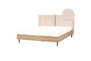 Seng med lamelramme Limanton - Beige, lyst træ, sort/Bouclé, 160x200 cm - Møbler - Senge - Sengeramme & sengestel