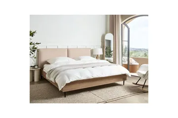 Seng med lamelramme Limanton - Beige, lyst træ, sort/Bouclé, 180x200 cm - Møbler - Senge - Sengeramme & sengestel