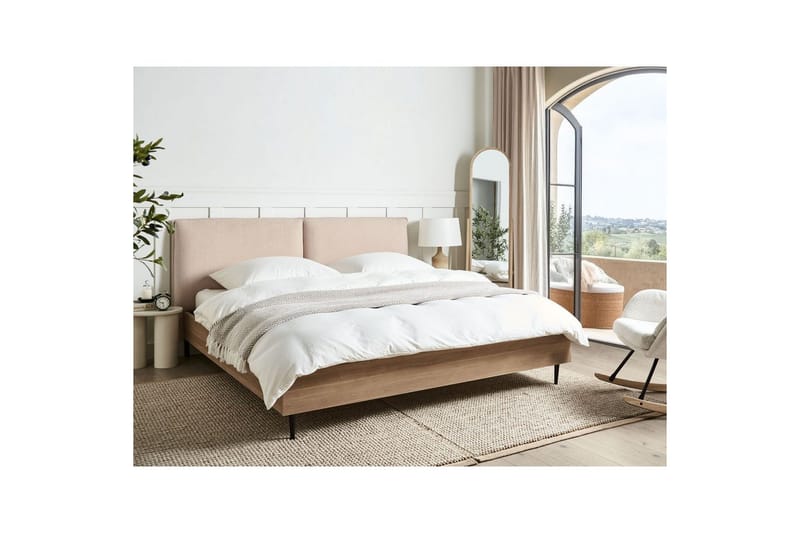 Seng med lamelramme Limanton - Beige, lyst træ, sort/Bouclé, 180x200 cm - Møbler - Senge - Sengeramme & sengestel