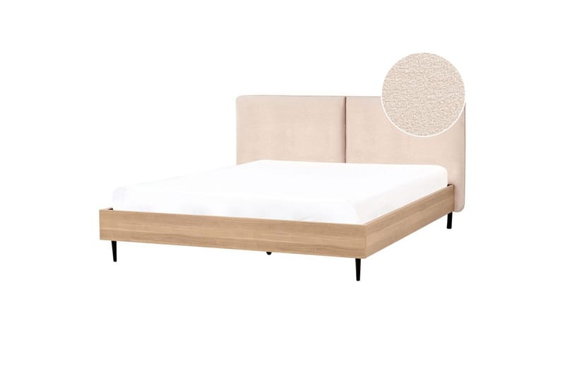 Seng med lamelramme Limanton - Beige, lyst træ, sort/Bouclé, 180x200 cm - Møbler - Senge - Sengeramme & sengestel
