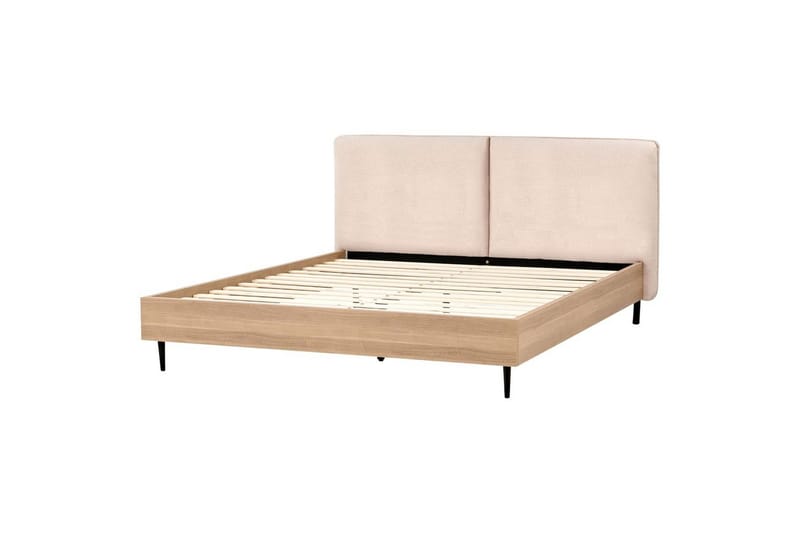 Seng med lamelramme Limanton, Beige, lyst træ, sort/Bouclé, 180x200 cm