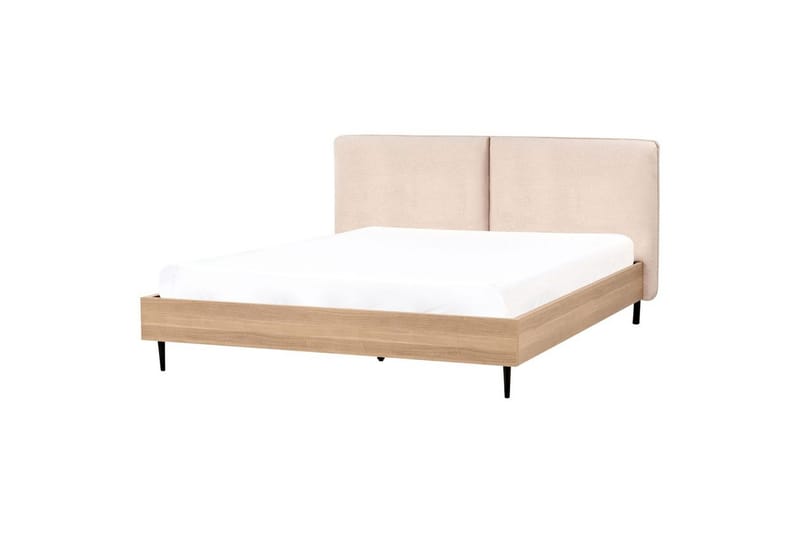Seng med lamelramme Limanton - Beige, lyst træ, sort/Bouclé, 180x200 cm - Møbler - Senge - Sengeramme & sengestel