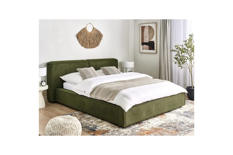 Seng med lamelramme Linards - Grøn/Bouclé, 160x200 cm - Møbler - Senge - Sengeramme & sengestel