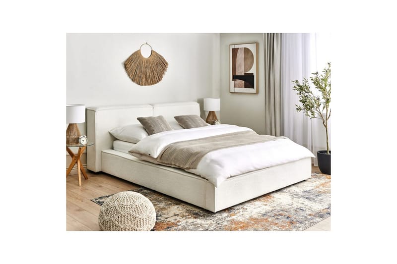 Seng med lamelramme Linards - Hvid/Bouclé, 160x200 cm - Møbler - Senge - Sengeramme & sengestel