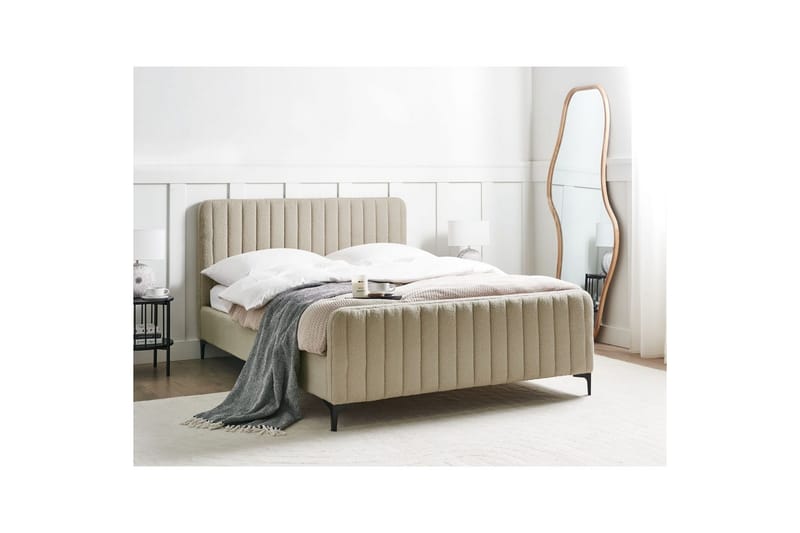 Seng med lamelramme Lunan - Beige, sort/Bouclé, 140x200 cm - Møbler - Senge - Sengeramme & sengestel