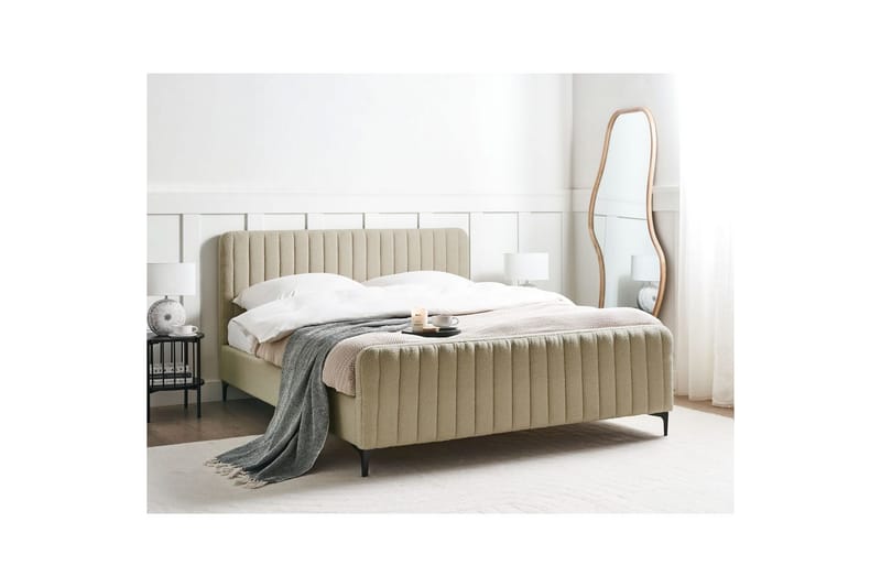 Seng med lamelramme Lunan - Beige, sort/Bouclé, 160x200 cm - Møbler - Senge - Sengeramme & sengestel
