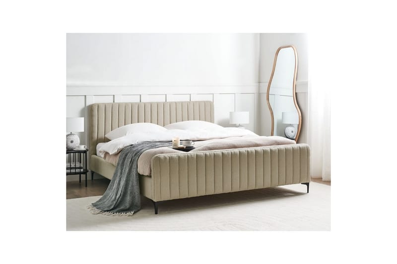Seng med lamelramme Lunan - Beige, sort/Bouclé, 180x200 cm - Møbler - Senge - Sengeramme & sengestel