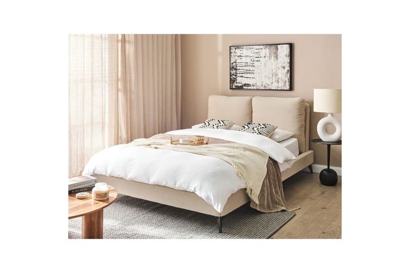 Seng med lamelramme Melle - Beige/Bouclé, Beige/bouclé, Beige/Boucléstof, 140x200 cm - Møbler - Senge - Sengeramme & sengestel