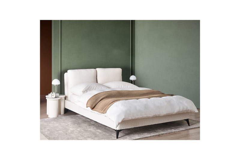 Seng med lamelramme Melle - Hvid, Sort/Bouclé, Hvid, Sort/bouclé, 140x200 cm - Møbler - Senge - Sengeramme & sengestel