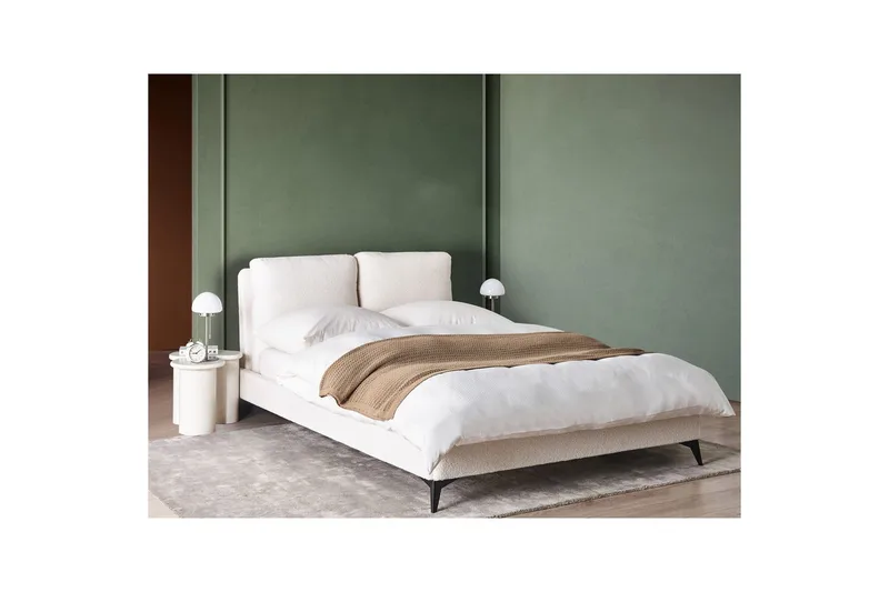 Seng med lamelramme Melle - Hvid, Sort/Bouclé, Hvid, Sort/bouclé, 140x200 cm - Møbler - Senge - Sengeramme & sengestel