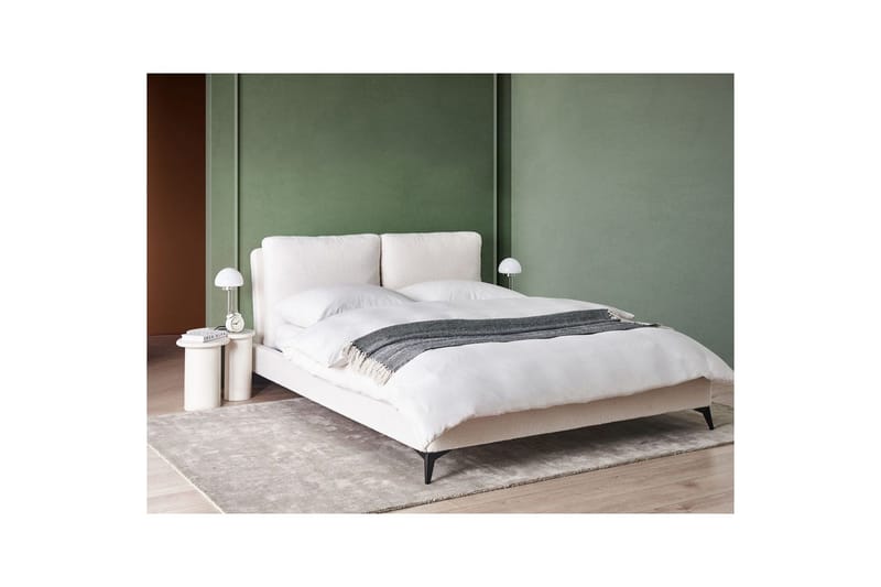 Seng med lamelramme Melle - Hvid, Sort/Bouclé, Hvid, Sort/bouclé, 160x200 cm - Møbler - Senge - Sengeramme & sengestel