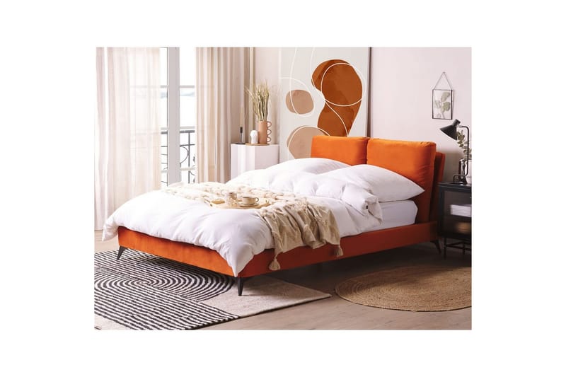 Seng med lamelramme Melle - Orange, sort/Fløjl, Orange, sort/fløjl, 140x200 cm - Møbler - Senge - Sengeramme & sengestel