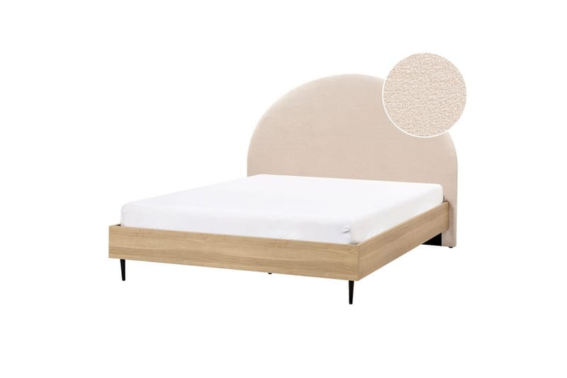 Seng med lamelramme Millay - Beige, lyst træ, sort/Bouclé, 140x200 cm - Møbler - Senge - Sengeramme & sengestel