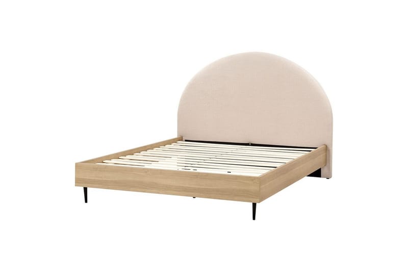 Seng med lamelramme Millay - Beige, lyst træ, sort/Bouclé, 160x200 cm - Møbler - Senge - Sengeramme & sengestel