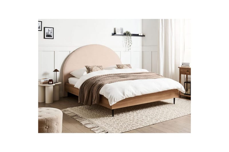 Seng med lamelramme Millay - Beige, lyst træ, sort/Bouclé, 160x200 cm - Møbler - Senge - Sengeramme & sengestel