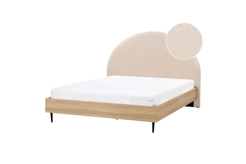 Seng med lamelramme Millay - Beige, lyst træ, sort/Bouclé, 160x200 cm - Møbler - Senge - Sengeramme & sengestel
