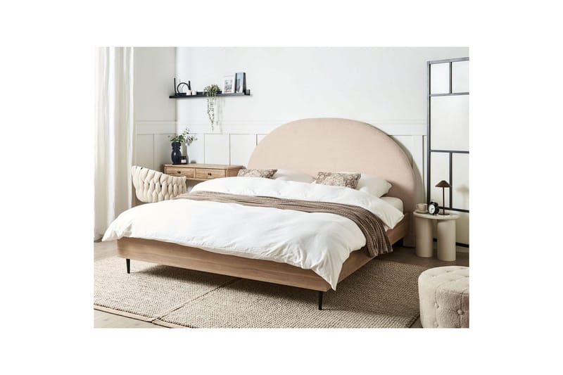 Seng med lamelramme Millay - Beige, lyst træ, sort/Bouclé, 180x200 cm - Møbler - Senge - Sengeramme & sengestel