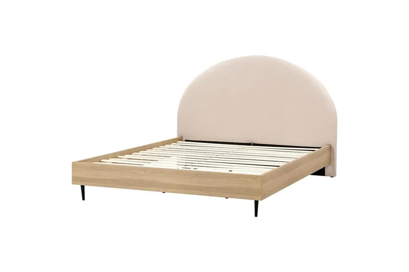Seng med lamelramme Millay - Beige, lyst træ, sort/Bouclé, 180x200 cm - Møbler - Senge - Sengeramme & sengestel