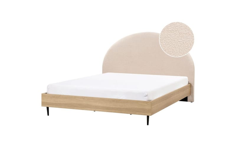 Seng med lamelramme Millay - Beige, lyst træ, sort/Bouclé, 180x200 cm - Møbler - Senge - Sengeramme & sengestel