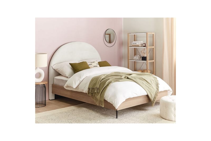 Seng med lamelramme Millay - Hvid, lyst træ, sort/Polyester, 140x200 cm - Møbler - Senge - Sengeramme & sengestel