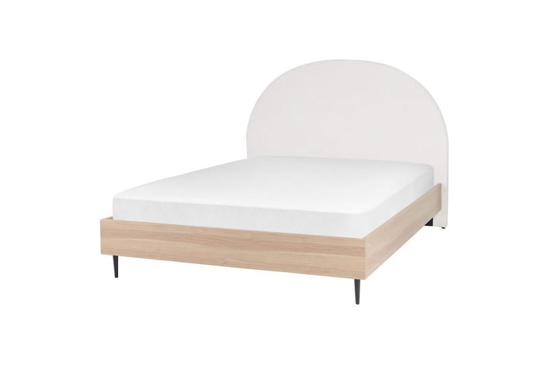 Seng med lamelramme Millay - Hvid, lyst træ, sort/Polyester, 160x200 cm - Møbler - Senge - Sengeramme & sengestel