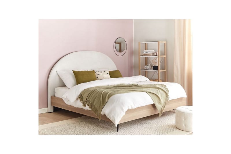 Seng med lamelramme Millay - Hvid, lyst træ, sort/Polyester, 160x200 cm - Møbler - Senge - Sengeramme & sengestel