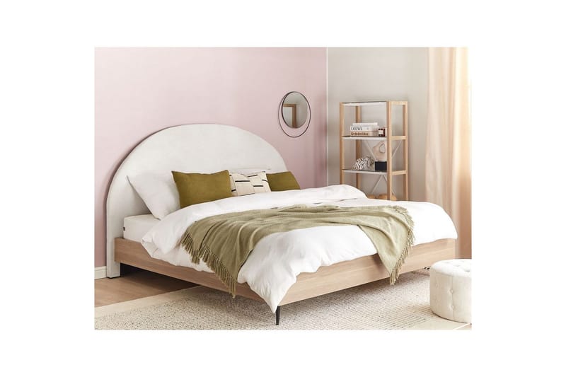 Seng med lamelramme Millay - Hvid, lyst træ, sort/Polyester, 180x200 cm - Møbler - Senge - Sengeramme & sengestel