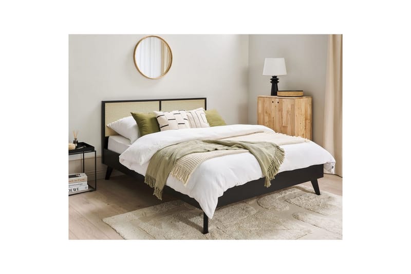 Seng med lamelramme Monpazier - Sort, lyst træ, 160x200 cm - Møbler - Senge - Sengeramme & sengestel