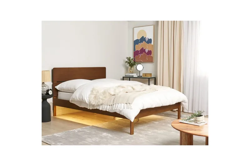 Seng med LED-belysning Boisset - Brun/Gummitræ, 140x200 cm - Møbler - Senge - Sengeramme & sengestel