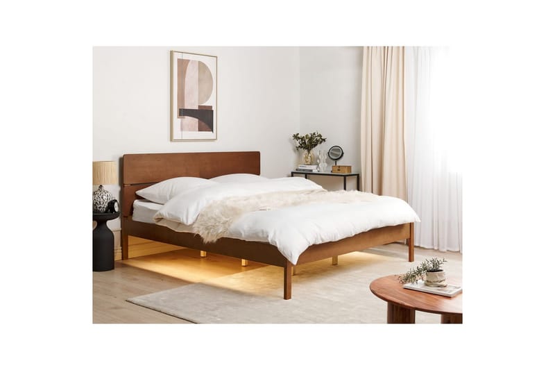 Seng med LED-belysning Boisset - Brun/Gummitræ, 180x200 cm - Møbler - Senge - Sengeramme & sengestel