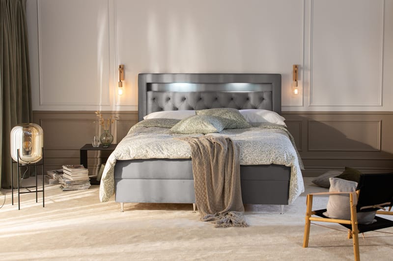 Alessia Komplet Sengesæt med Opbevaring LED-belysning 160x200 cm - Lysegrå - Møbler - Senge - Seng med opbevaring